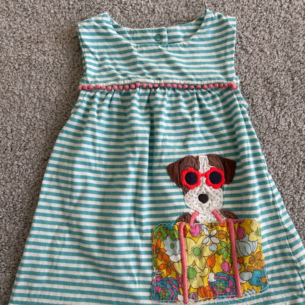 Baby Boden Striped Teal Kids Dress with Dog Appliqué